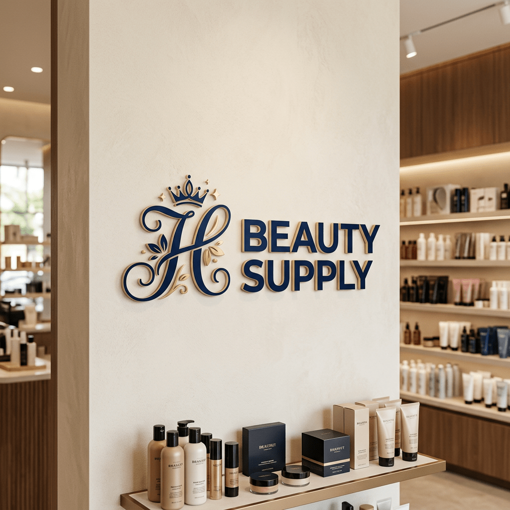 Logo reading 'H Beauty Supply' with crown and floral elements on a wall above beauty product displays
